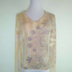 GOA CASHMERE ivory crystals floral paisley sweater flaw